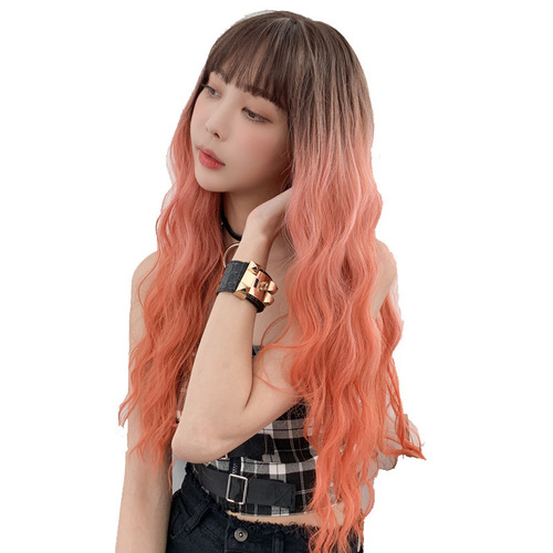 Eulseo Korean Three-Color Gradient Long Wavy Synthetic High-Fidelity Hairpiece Fashion Women's Straight Bangs Full Head Wig
