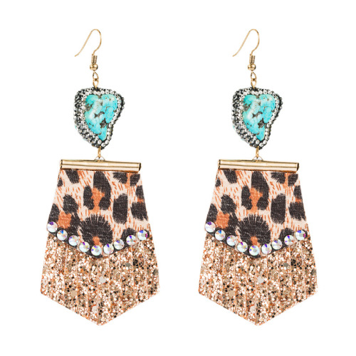 Leopard print long leather earrings Women's earrings studded with diamonds exaggerated earrings