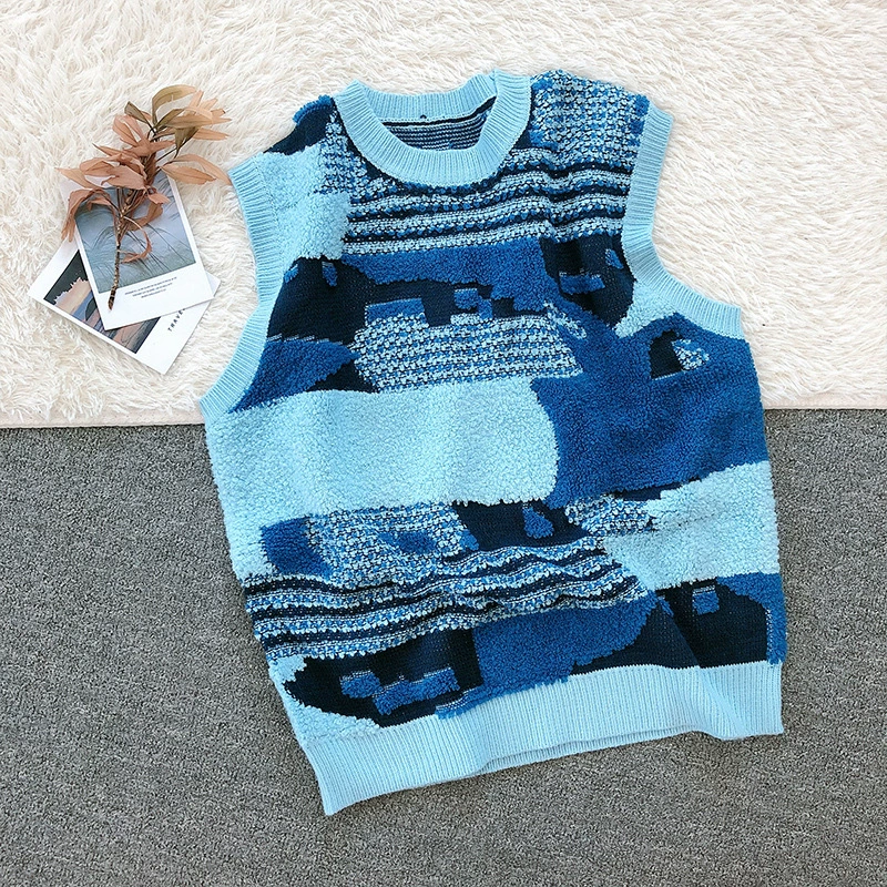 Свободный вязаный жилет в Корейском стиле с голубым геометрическим узором, верхняя одежда, жилет, весна и осень 2020, новая женская одежда