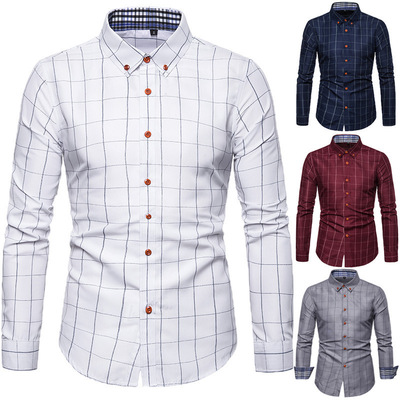 Wine navy plaid Business casual Dress suit shirts for male young men long sleeve shirt grid tide comfortable leisure lapel shirt