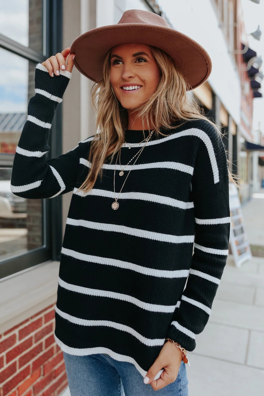 solid color striped round neck sweater NSLK10908