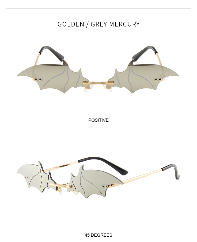 70g Weight Frameless Glasses Structure Sunglasses Classification PC, UV400 Protection Lens Material Special-Shaped Mirror Glasses Style Outdoor, Stage Occasion Halloween Festival Bat Pattern Unisex Gender Streetwear Style Gold Color Streetwear Bat PC UV400 Protection Special-Shaped Mirror Frameless Women's Sunglasses 10