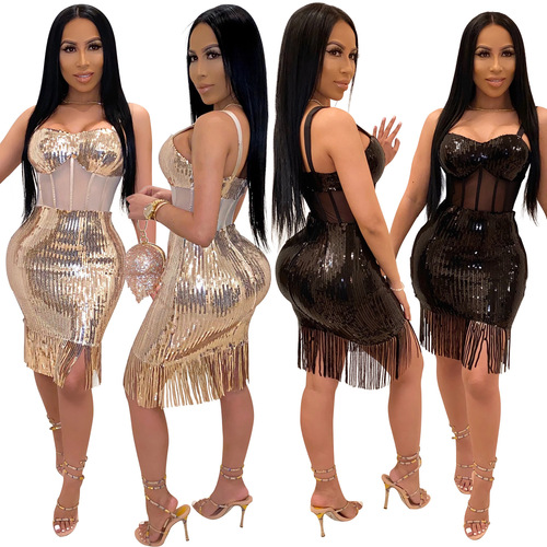 female jazz dance dresses women Sequin suspender dress tassel nightclub skirt