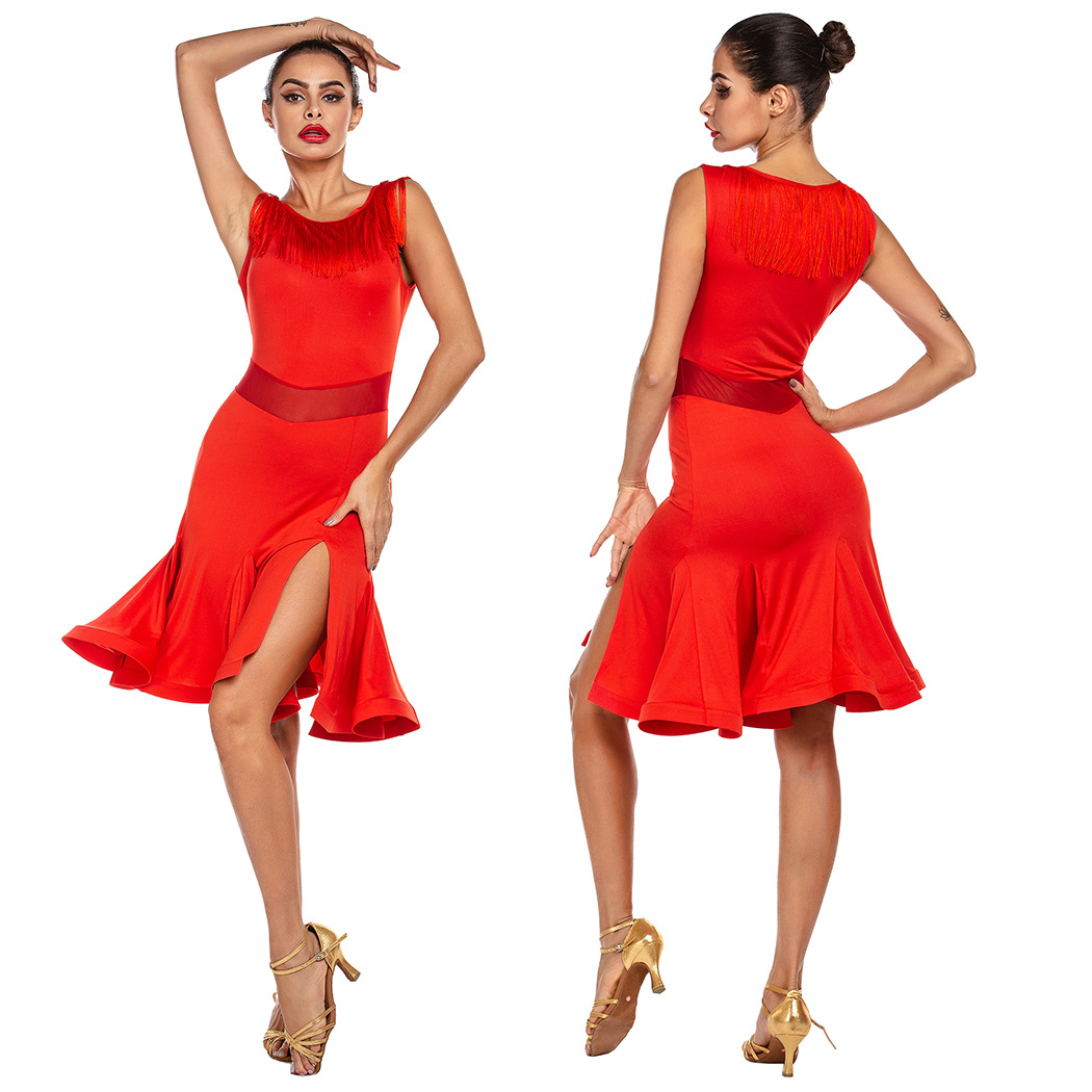 跨境流苏不规则下摆拉丁舞服欧美女士新款成人练功服亚马逊