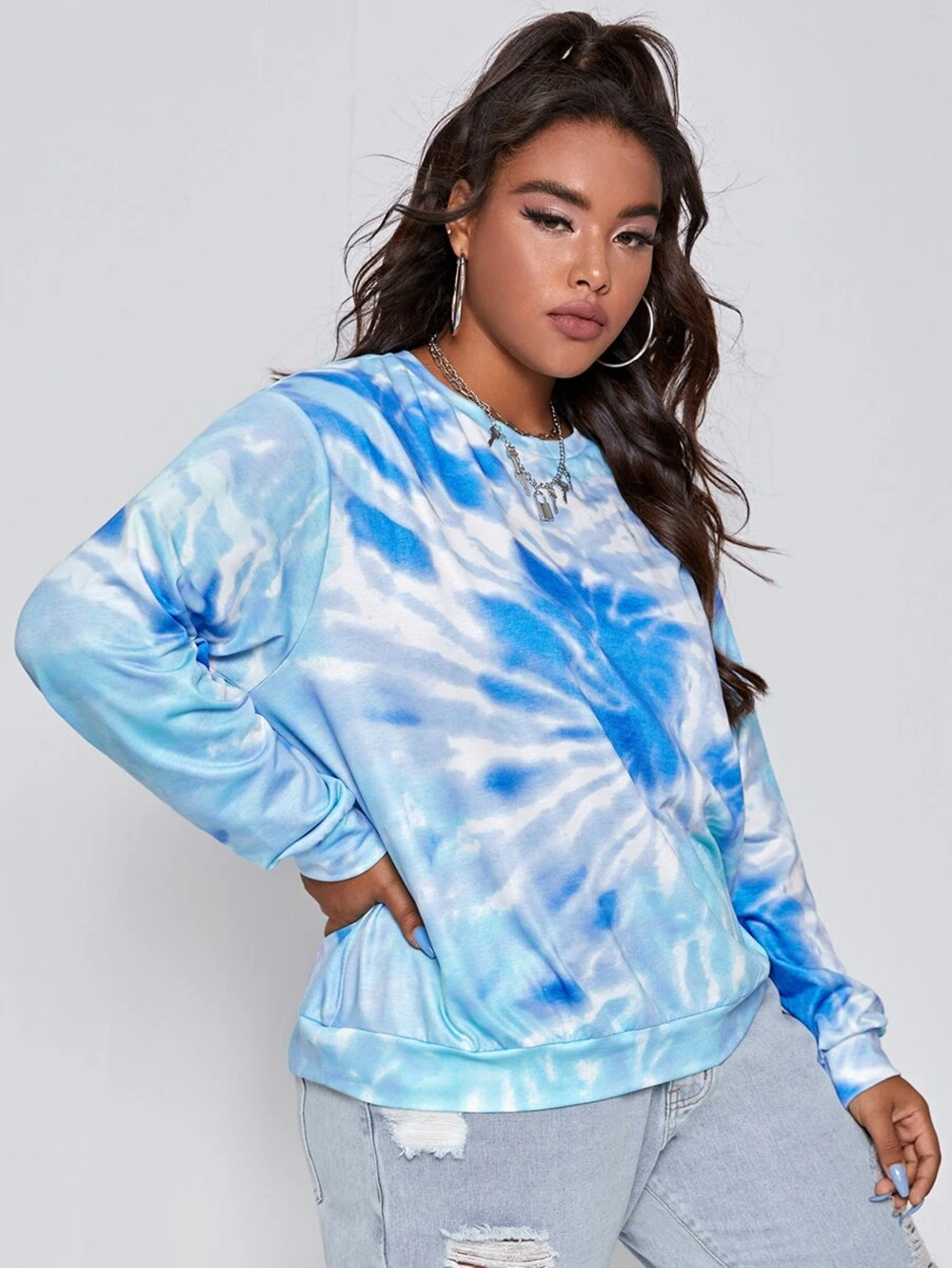 hot sale women's cross-border new casual round neck long-sleeved large size knitted tie-dye sweater NSDF3276