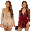 European and American Sequin deep V long sleeve Jumpsuit shorts