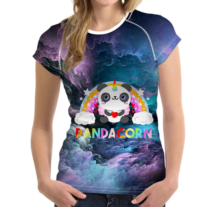 New Night Sky Starry Bamboo Colorful Panda Unicorn Student Round Neck Short Sleeve Women's Summer Full Print T-shirt