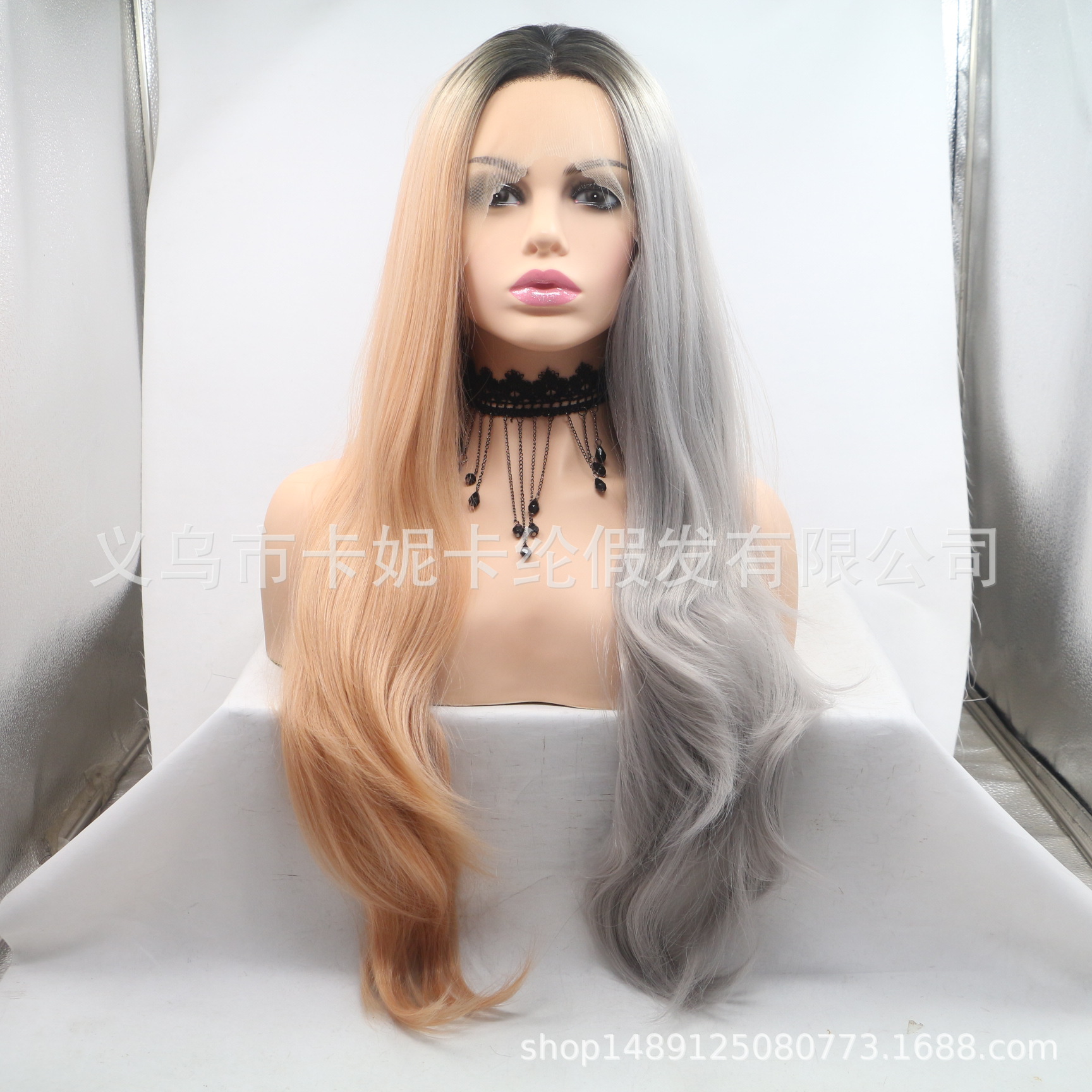 Multicolor de longitud media rizada ondulado de encaje wig M0143