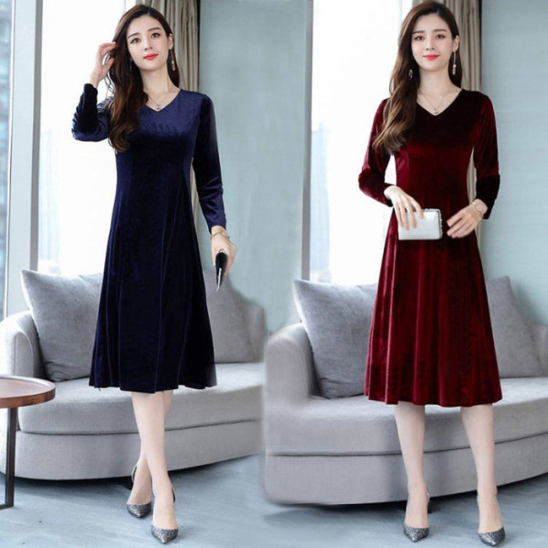 2020秋冬季女士金丝绒长袖连衣裙女大码收腰遮肚显瘦V领长裙子