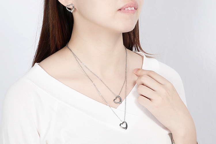 simple hollow heart-shaped double-layer necklace earrings stainless steel set wholesale nihaojewelry