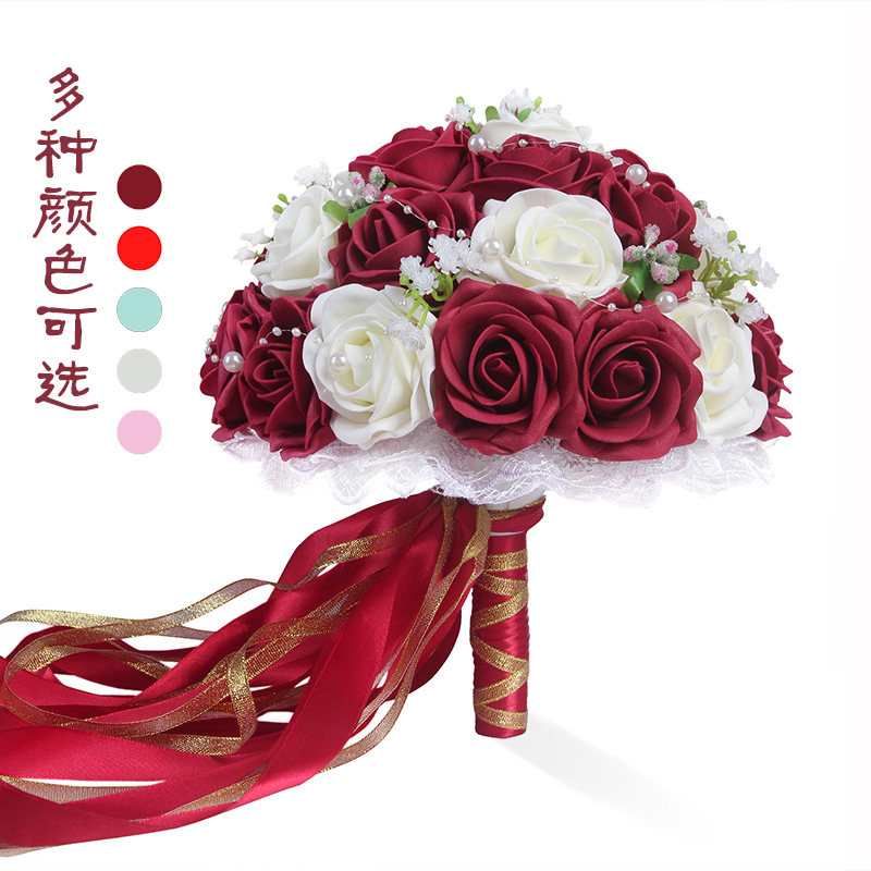 欧式新娘捧花结婚用品婚庆摆件厂家直销泡沫玫瑰花pe丝带手捧花