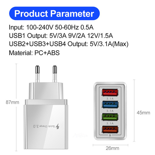 Luminous 4USB mobile phone charger 3A color charging head LED light European standard US standard UK standard travel charger cross-border wholesale
