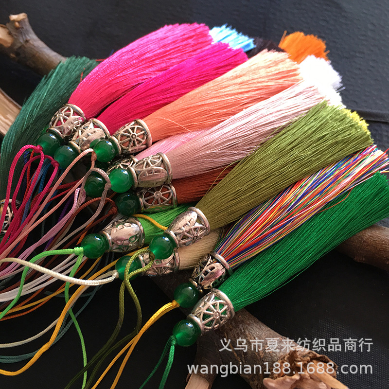 中国结流苏吊穗优质涤纶特顺滑带绿珠米字帽冰丝书签流苏古风发饰