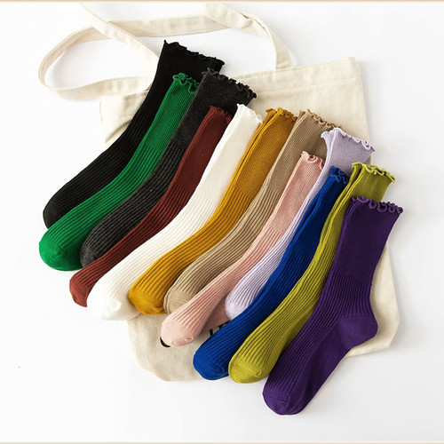 Duidui Socks Women's Japanese Spring and Autumn Long Socks Women's Socks Solid Color Double Needle Fungus Trim Retro Socks Set Women's Long Cotton Socks Wholesale