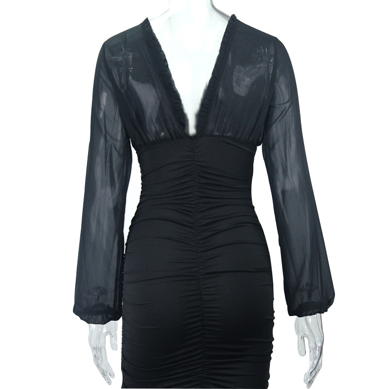  mesh mid-length v-neck pleated drawstring halter sexy dress NSAG4675