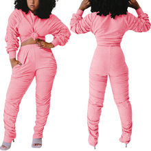 4077跨境2020秋冬欧美女装 嘻哈宽松纯色棉质裤套装 两件套 棉