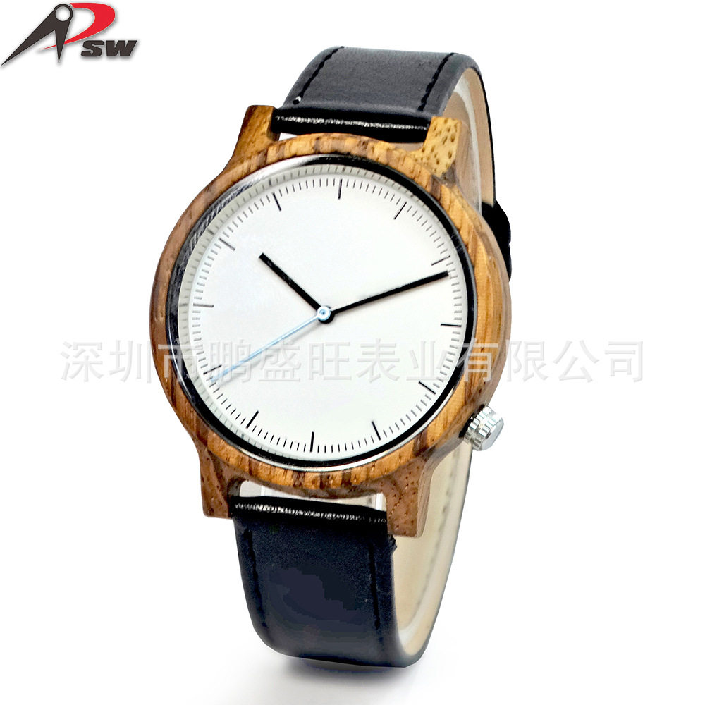 定制木表 木壳三针日本机芯石英手表 黑色棕色牛皮表带