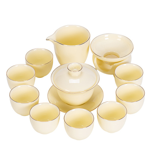 Mutton fat jade gem yellow complete set of kung fu tea set simple home office activities high-end business gift logo