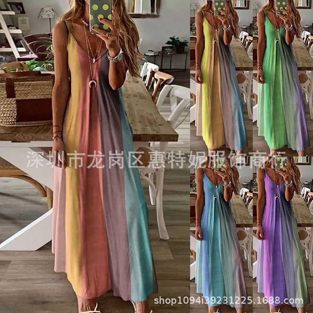 2020跨境亚马逊外贸女装夏沙滩彩虹印花无袖休闲波西米亚吊带长裙
