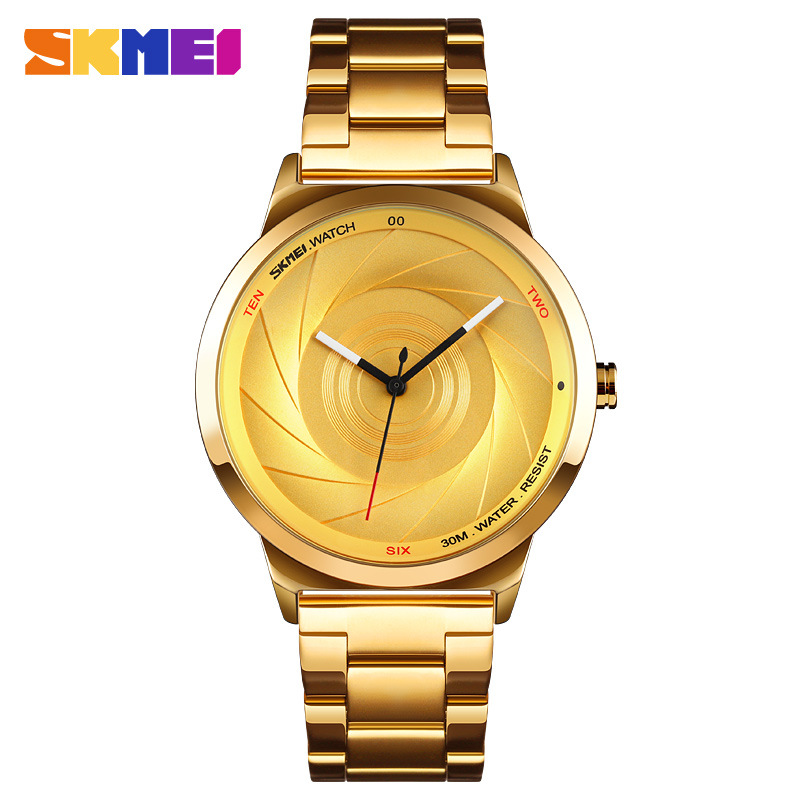 Skmei 9210 moda hombres de moda de negocios Reloj simple tridimensional superficie impermeable de alto grado de oro reloj de cuarzo