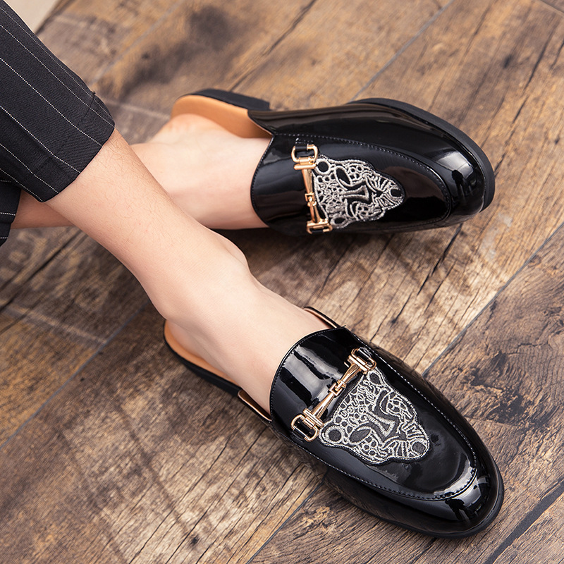 2021 Spring/Summer New Loafers Shiny Leather Half Slippers Trendy Breathable Casual Men's Shoes Fashion Embroidery_vogvips.com