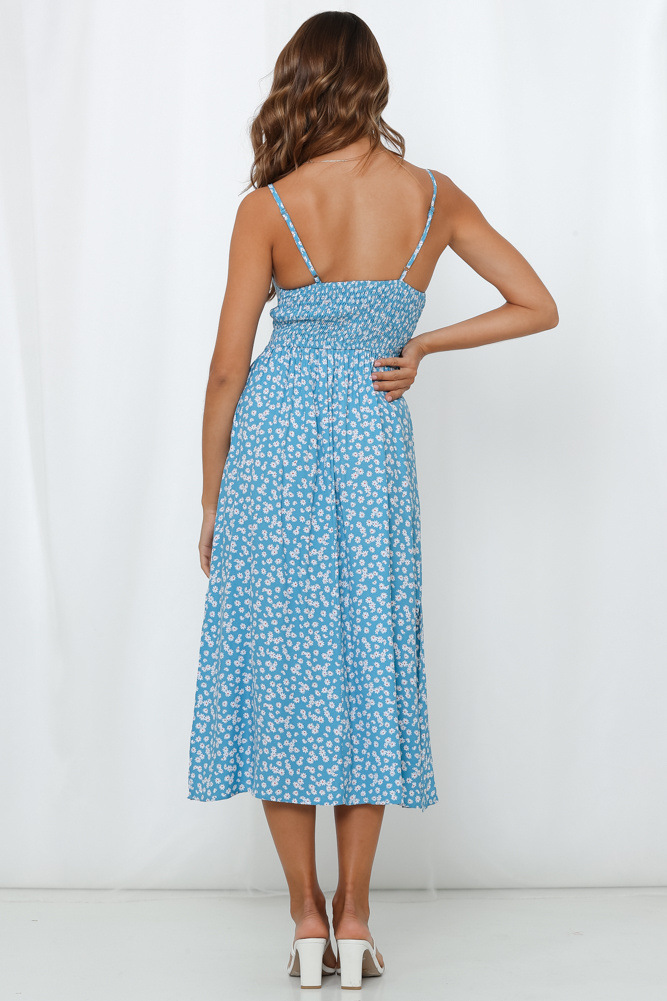 knotted open back sexy sling floral side slit mid-length dress NSYD3925