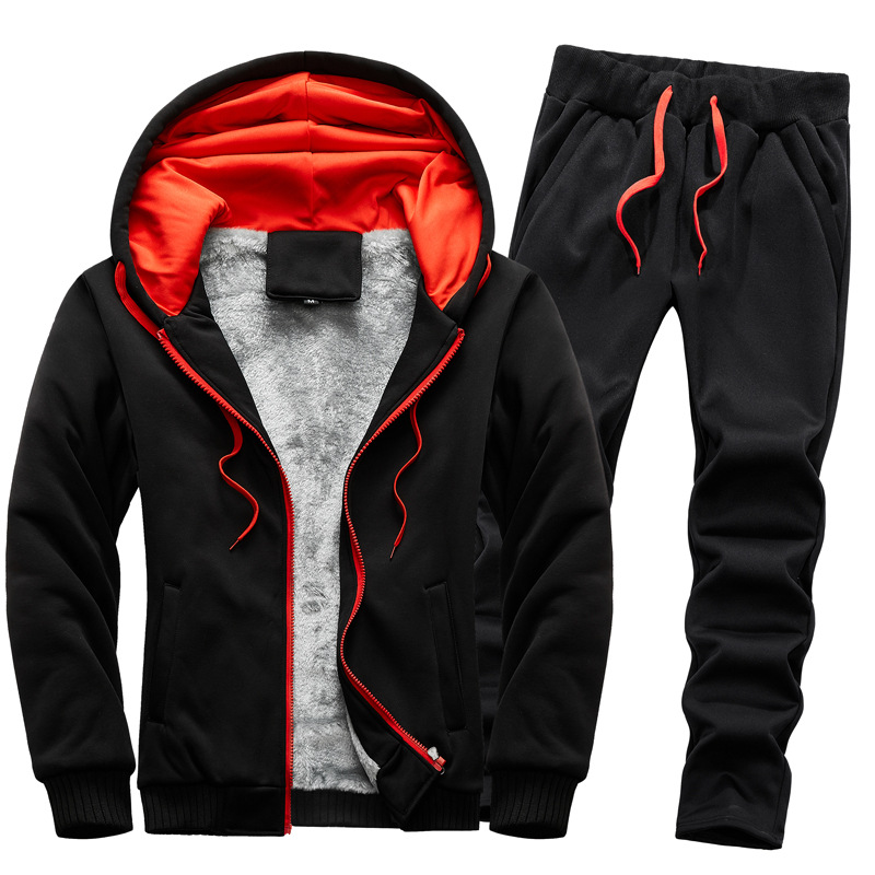European and American cross border men's winter clothing thickened velvet warm sweater suit solid color sportswear large size_voghion.com