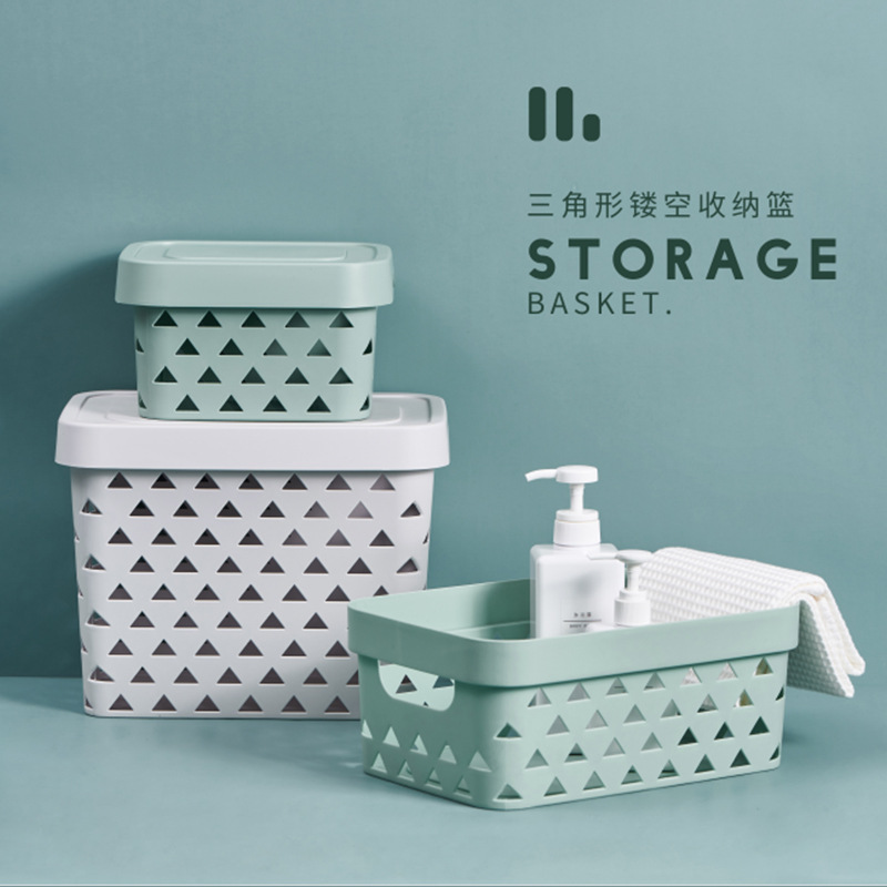 新品上市带盖塑料收纳筐北欧色可叠加桌面收纳盒厨卫整理收纳篮
