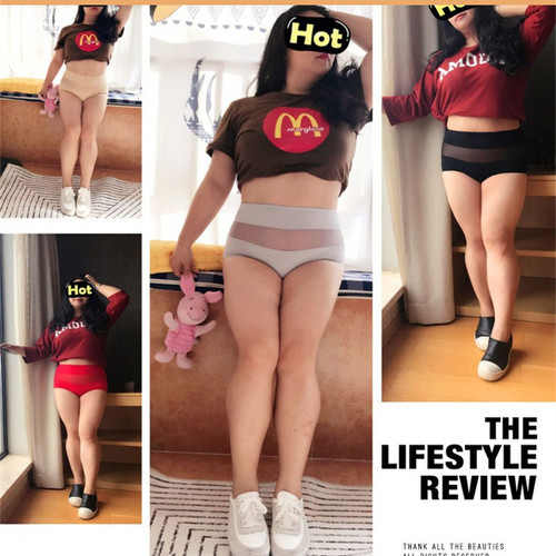 Plus size plus size underwear for women lace mid-high waist ultra-thin hip lift fat mm 200 pounds hollow sexy triangle mesh