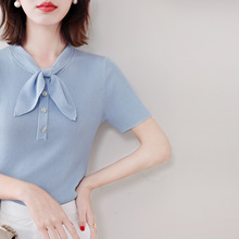港米服饰/水钻扣 兔耳朵飘带领短袖纯色针织衫