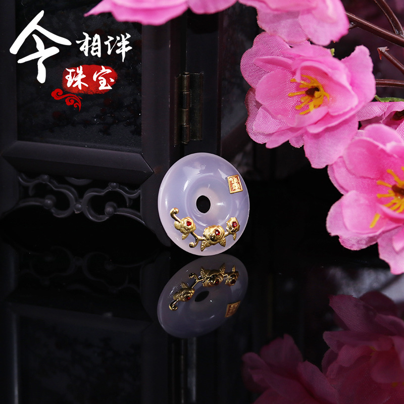 玉髓花开富贵平安扣吊坠金镶玉项链黄金吊坠足金镶嵌镶钻项饰挂饰
