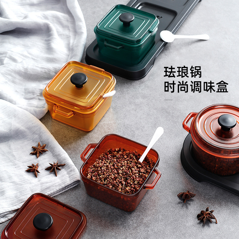 北欧创意厨房调料盒带勺带盖调料罐家用盐罐收纳盒四格一体组合装