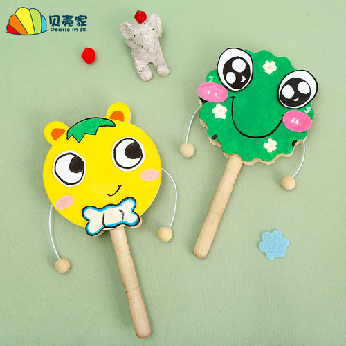 Wooden rattler small drum white blank children's DIY creative art graffiti painting hand-painted toys