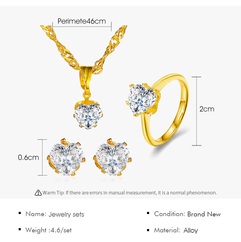 New Fashion  Hot Sale Set Love Heart Zircon Necklace Ring Earring Three-piece Jewelry Set Wholesale display picture 1