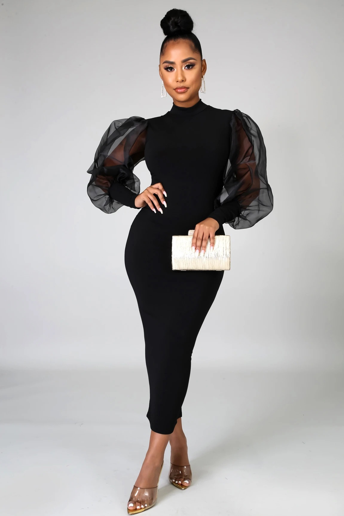 Elegant Women's Black Mesh Puff Long Sleeves High Waist Bodycon Party Long  Dress | eBay