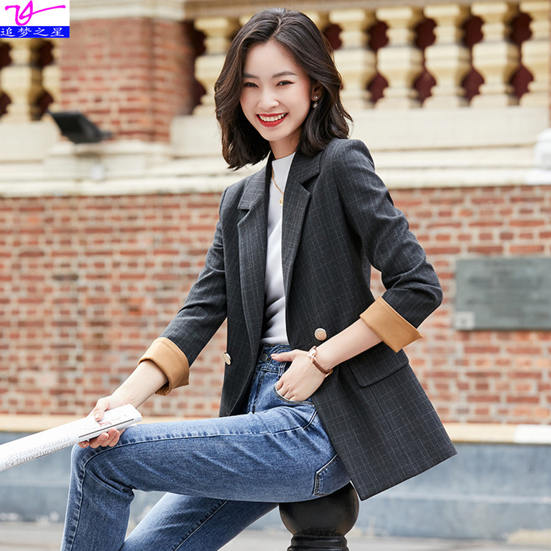 炸街灰色格子西装外套女秋季2020新款韩版宽松设计感小众斜开西服