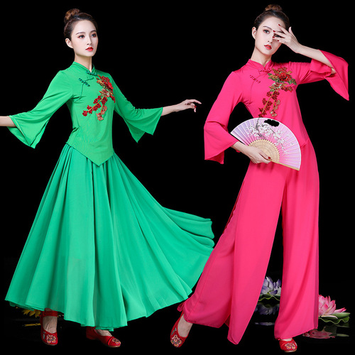 Women chinese folk dance dress fan umbrella Yangko dance costumes  group fan dance performance dress