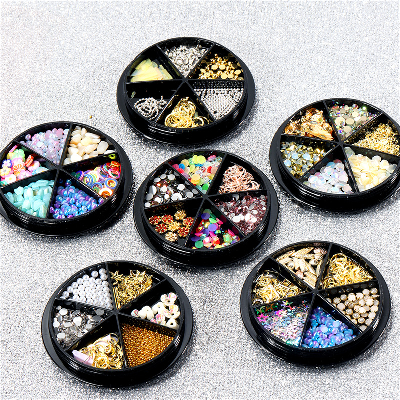 Suministro transfronterizo clavo 6-rejilla disco joyería metal remache perla rhinestone Shell lentejuelas decoraciones mixtas placa negro