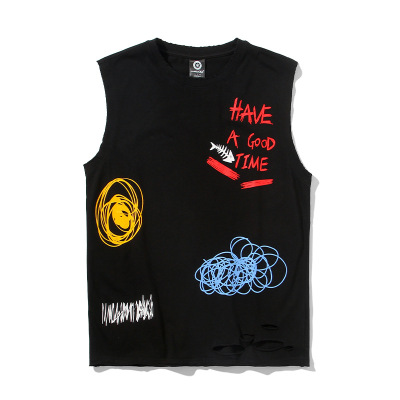 夏季鲨鱼印花运动宽松汗背心男潮ins薄透气砍袖情侣无袖背心t恤