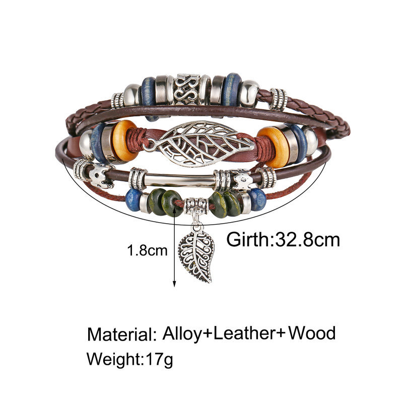 New Hollow Leaf Multilayer Artificial Leather Bracelet Creative Retro Personality Men's Bracelet Wholesale Nihaojewelry display picture 1