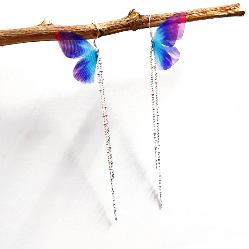 祈夢鍍銀純銀925蝴蝶薄紗翅膀耳鈎耳環漢服古裝網紅韓版耳飾品