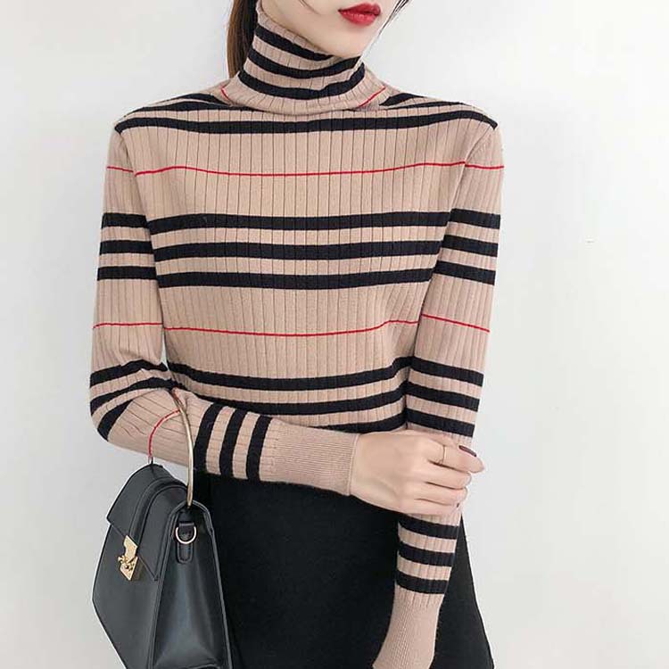 2020 Winter female ins Ultra-fire stripe sweater Base coat new pattern Color matching Internal lap High collar Sweater Long sleeve