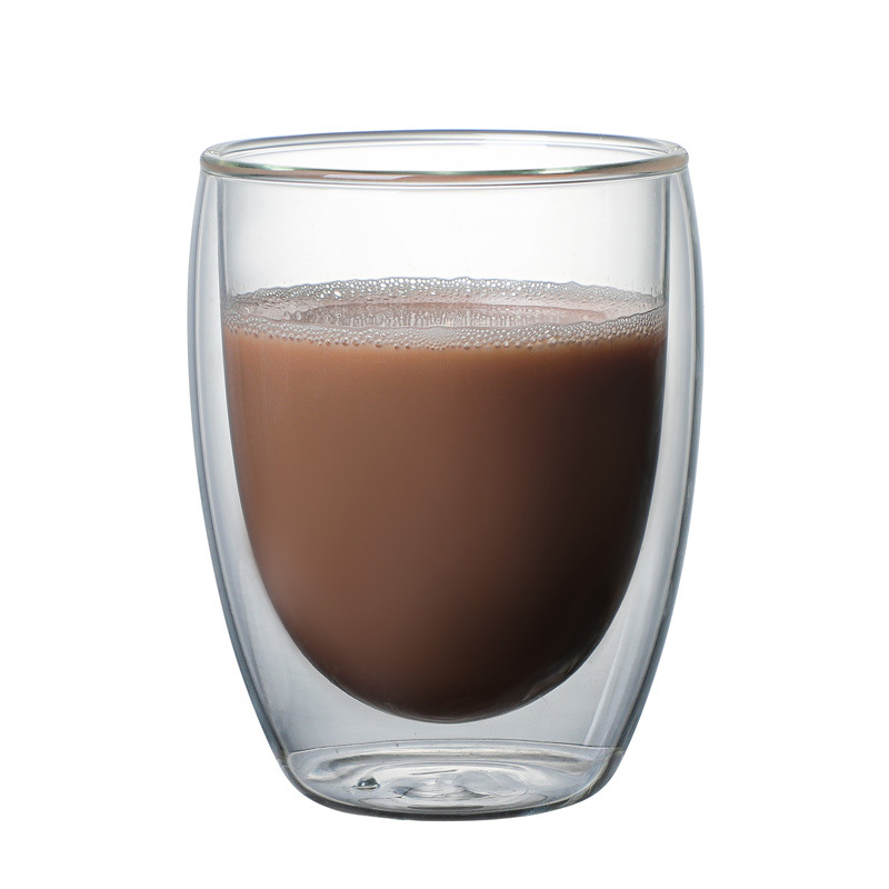 Taza de vidrio de borosilicato doble capa con tapa de bambú diseño en forma de huevo para café leche y jugos