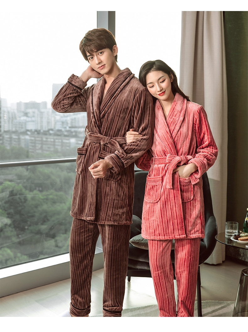 Pigiama da donna GraceChic GraceChic, set di vestaglia e pantaloni in pile corallo autunnale, abbigliamento da casa in flanella a righe per uomo, set invernale_voghion.com