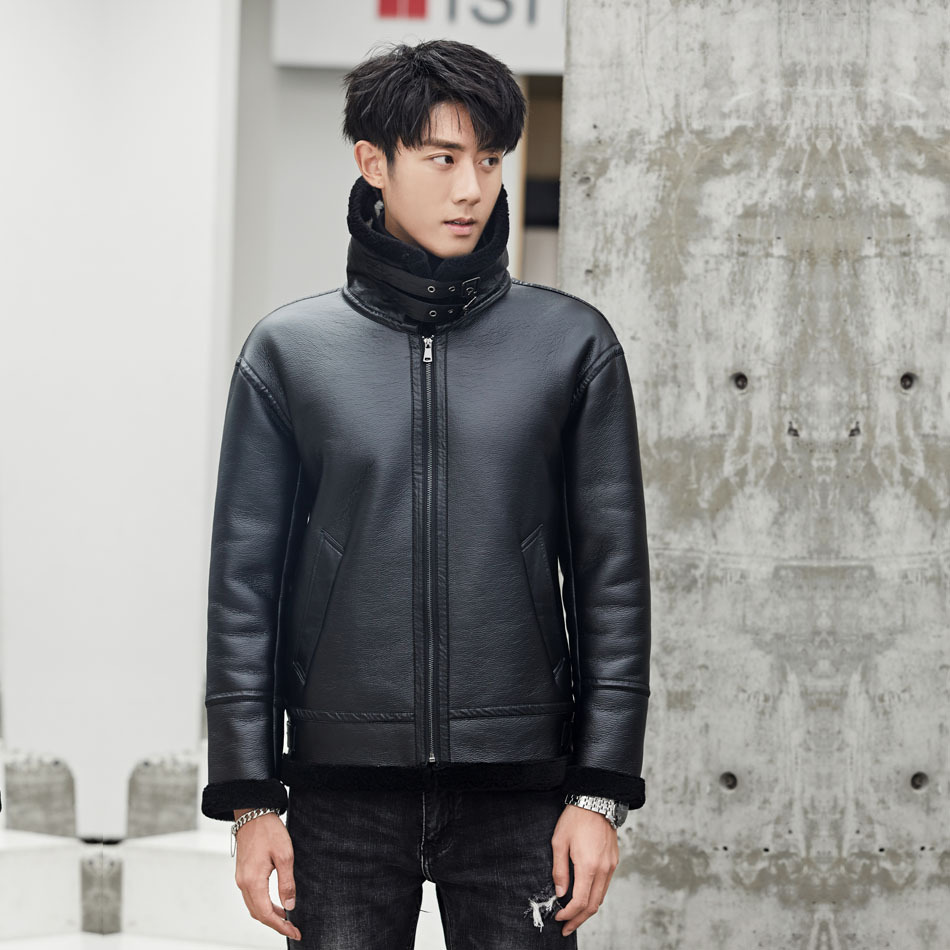 皮毛一体男士皮衣夹克服巴*同款世家 字母毛领羊剪绒保暖皮衣|ms