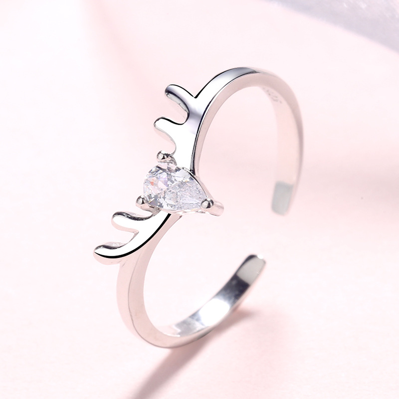 S925 Silver Ring Korean Edition fashion All the way Antlers Ring White Diamond Drop Simplicity Sweet Ring Ring