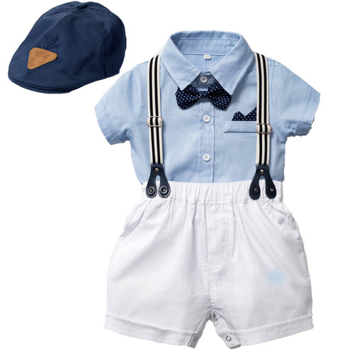 Newborn boy baby gentleman set crawling suit sleeper hat dress shirt bow tie belt diaper photo bag diaper suit British style