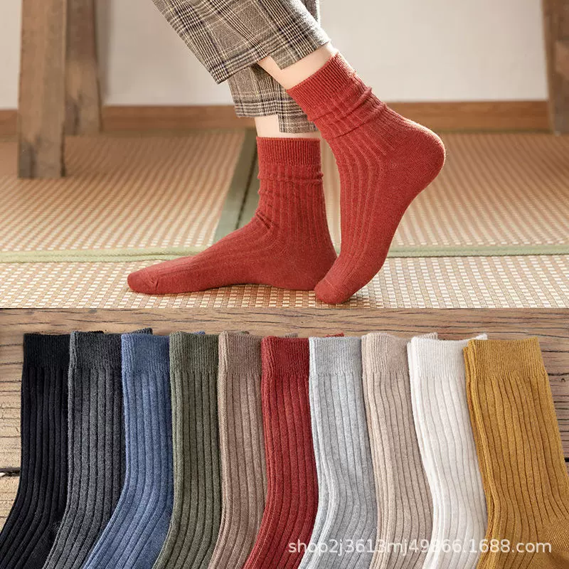 袜子女中筒韩版ins春秋纯色日系堆堆袜潮流个性黑色时尚条纹女袜