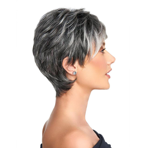 Factory direct sales foreign trade fashion wig, gradient gray and white female short hair, small curly tube partial parting, high temperature wire one piece hair