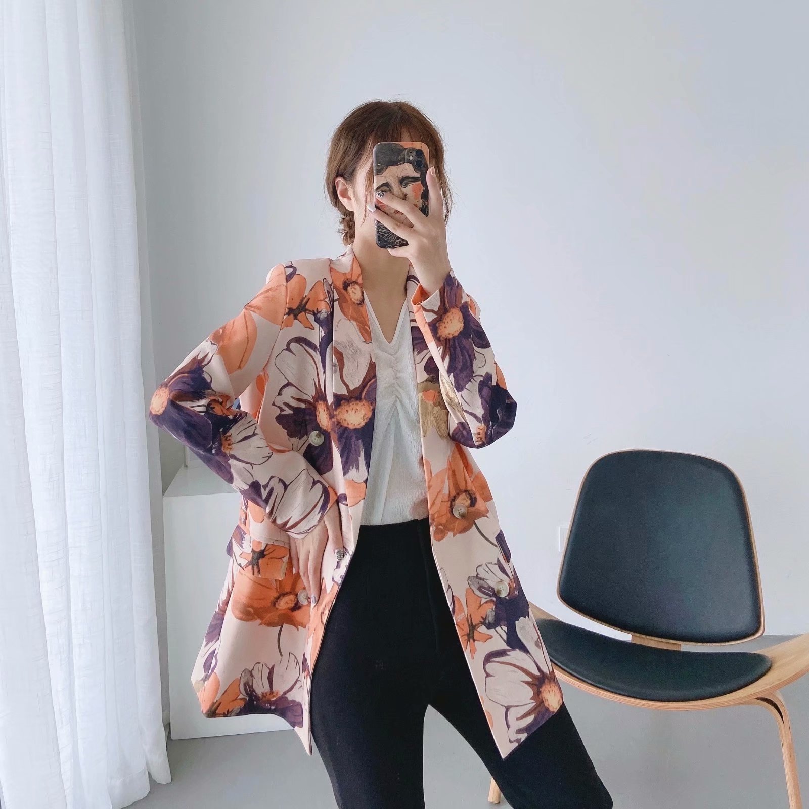 wholesale women s new abstract printing double-breasted suit jacket NSAM5068